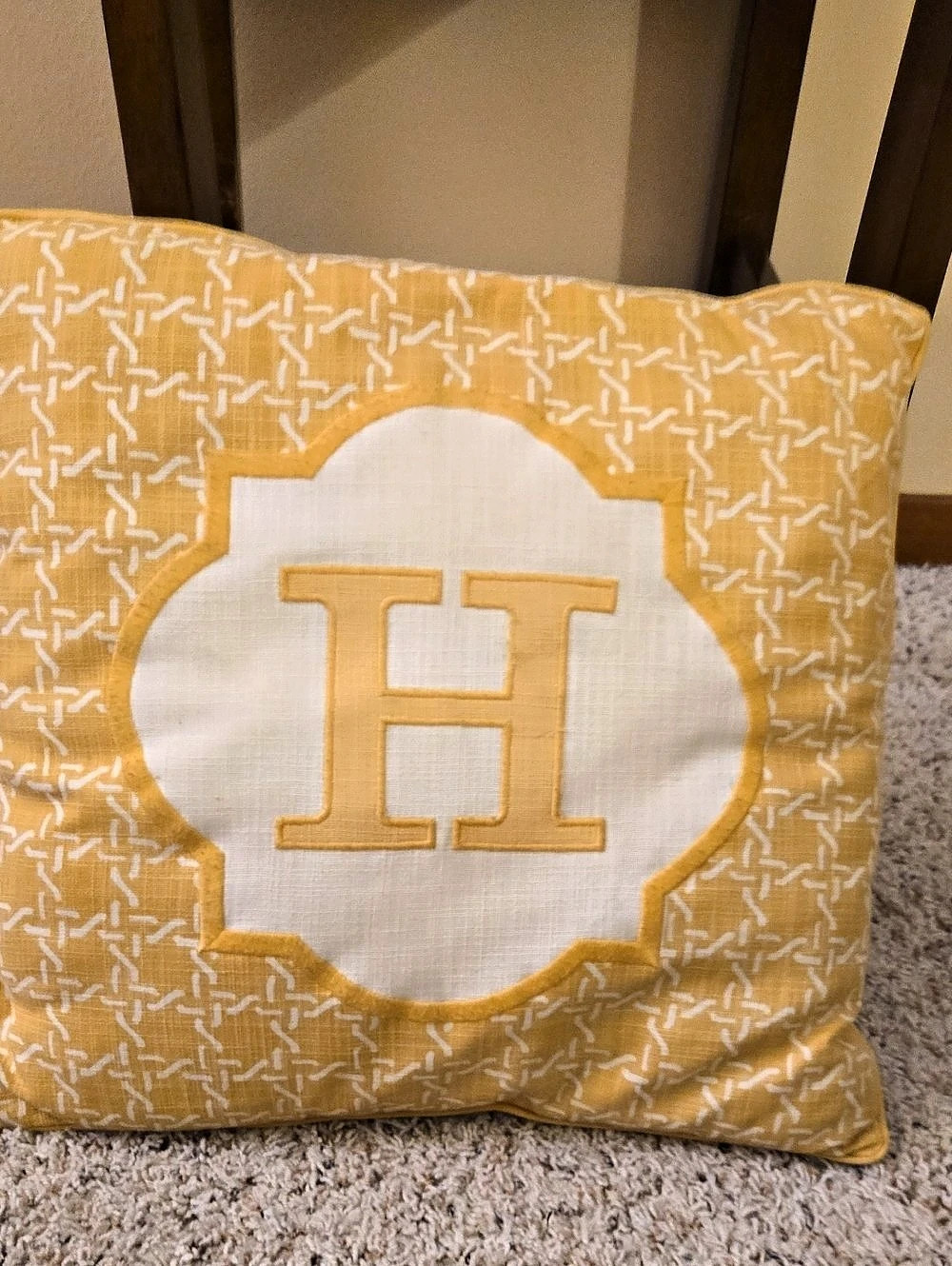 Yellow & White Monogram Accent Pillow Like New